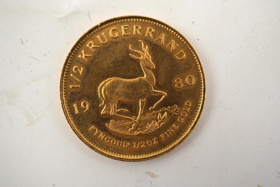 Gold coins, South Africa, gold Half Krugerrand, 1980, about UNC.